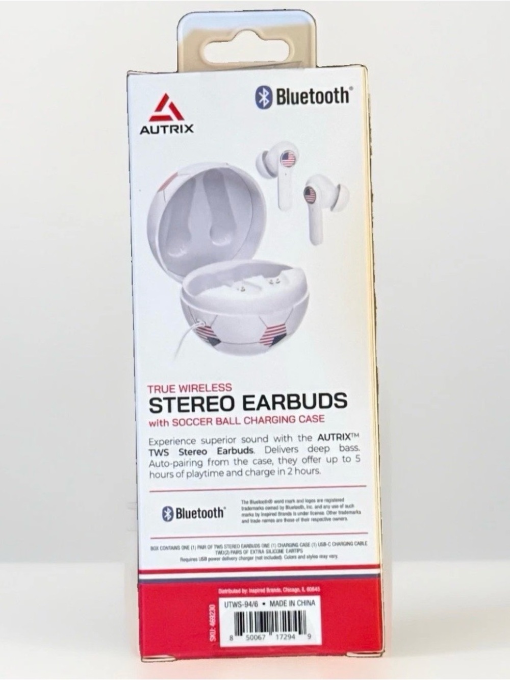 True Wireless Stereo Earbuds in White with Soccer Ball Charging Case - Picture 2 of 4
